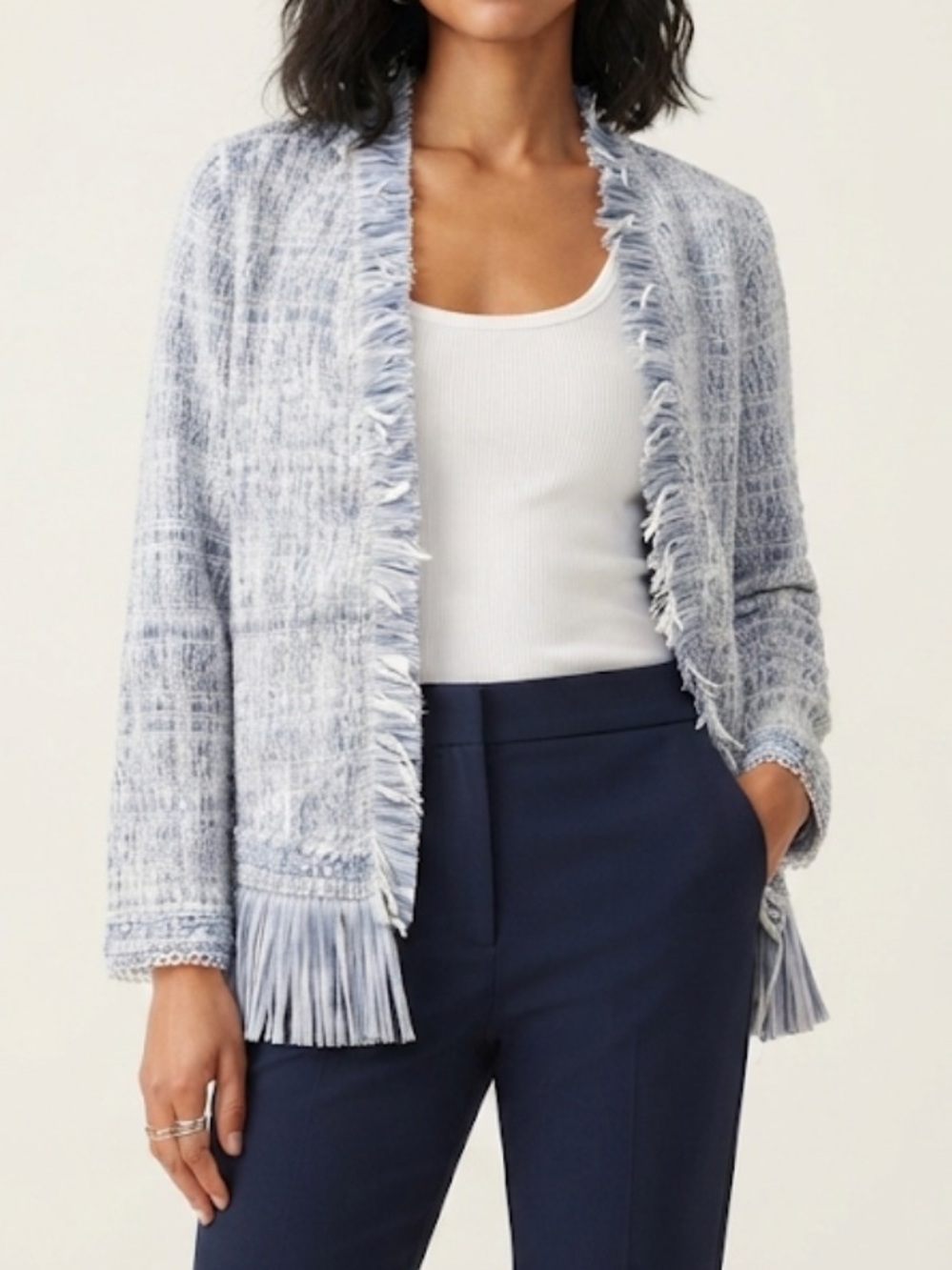 White House Black Market Light Blue And White Fringe Tweed Jacket Size XL